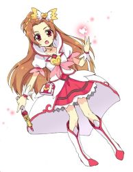 Rule 34 | 1girl, alternate costume, blush, boots, brooch, brown hair, cosplay, cure ace, cure ace (cosplay), dokidoki! precure, earrings, full body, heart, heart brooch, jewelry, long hair, madoka aguri, mofuko, open mouth, pink eyes, precure, red skirt, simple background, skirt, solo, white background