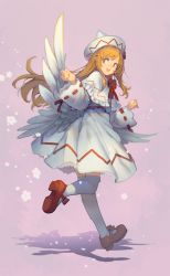 Rule 34 | 1girl, blonde hair, capelet, commentary request, dress, eho (icbm), feathered wings, hand up, hat, highres, lily white, long sleeves, mary janes, orange eyes, pink background, red footwear, ribbon-trimmed dress, ribbon-trimmed sleeves, ribbon trim, running, shoes, smile, solo, touhou, white dress, white hat, white legwear, white wings, wings