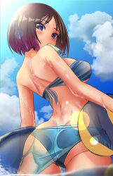 Rule 34 | 10s, 1girl, ass, back, ball, bare shoulders, beachball, bikini, black hair, blue eyes, blue sky, blush, breasts, cloud, cloudy sky, cowboy shot, day, elma (maidragon), food, food in mouth, from behind, gradient hair, highres, innertube, kobayashi-san chi no maidragon, large breasts, lens flare, looking at viewer, looking back, mouth hold, multicolored hair, outdoors, popsicle, purple hair, short hair, side-tie bikini bottom, sideboob, sin (kami148), sky, solo, swim ring, swimsuit, thighs, wet