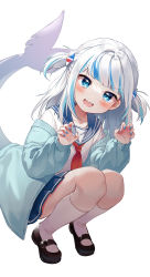 Rule 34 | 1girl, alternate costume, black footwear, blue cardigan, blue eyes, blue nails, blue skirt, blunt bangs, blush, cardigan, claw pose, commentary, fins, fish tail, full body, gawr gura, hands up, highres, hololive, hololive english, kani (kkk kani), kneehighs, long hair, looking at viewer, multicolored hair, nail polish, neckerchief, open mouth, red neckerchief, sailor collar, school uniform, serafuku, shark tail, shirt, shoes, silver hair, simple background, skirt, socks, solo, squatting, streaked hair, symbol-only commentary, tail, teeth, two side up, upper teeth only, virtual youtuber, white background, white shirt, white socks