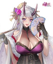 Rule 34 | 1girl, breasts, china dress, chinese clothes, cleavage, cleavage cutout, clothing cutout, demon girl, demon horns, dress, fingerless gloves, flower, gloves, hair flower, hair ornament, halter dress, halterneck, hand fan, heart, heart-shaped pupils, highres, horns, large breasts, lips, looking at viewer, mole, mole under eye, original, parted lips, smoking pipe, purple eyes, seductive smile, smile, symbol-shaped pupils, tsuki no i-min, upper body, white hair