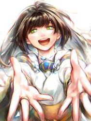 Rule 34 | 1girl, :d, absurdres, black hair, bridal gauntlets, detached sleeves, dress, gensou suikoden, green eyes, highres, ikunosake, jewelry, long hair, looking at viewer, necklace, open mouth, outstretched arms, simple background, smile, solo, viki (suikoden), white background