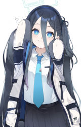 Rule 34 | 1girl, ?, absurdres, aris (blue archive), arms behind head, arms up, black hair, black hairband, black skirt, blue archive, blue necktie, collared shirt, hair between eyes, hair ornament, hairband, halo, highres, jacket, long bangs, long hair, long hair between eyes, looking at viewer, mimizuku (mmiganaru), necktie, one side up, open clothes, open jacket, pleated skirt, shirt, shirt tucked in, simple background, skirt, smile, solo, two-sided fabric, two-sided jacket, very long hair, white background, white jacket, white shirt