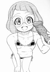 Rule 34 | 1girl, bikini, dildo, flat chest, glasses, hand on own knee, happy, highres, hokuto (tokuho), leaning forward, looking at viewer, misora inaho, monochrome, navel, sex toy, short hair, string bikini, swimsuit, toned, youkai watch, youkai watch 3