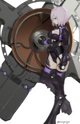 Rule 34 | 1girl, absurdres, armor, armored dress, armored leotard, black armor, black leotard, black thighhighs, fate/grand order, fate (series), hair over one eye, highres, holding, holding shield, leotard, looking at viewer, mash kyrielight, mash kyrielight (ortenaus), mitsurugi sugar, multicolored leotard, purple eyes, purple hair, shield, short hair, solo, thighhighs