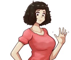 Rule 34 | 1girl, breasts, brown hair, chief (91m10), closed mouth, collarbone, kawakami sadayo, large breasts, looking at viewer, persona, persona 5, pink shirt, shirt, short hair, simple background, smile, solo, upper body, waving, white background