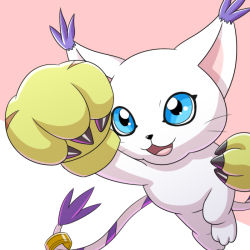 Rule 34 | 1girl, :3, :d, blue eyes, cat, claws, commentary, digimon, digimon (creature), full body, furry, furry female, gloves, open mouth, oro (ororwide11), simple background, smile, solo, tail, tail ornament, tail ring, tailmon, two-tone background