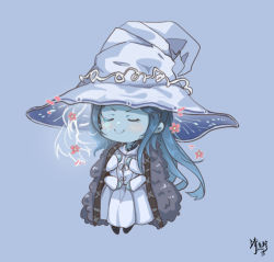 Rule 34 | 1girl, blue background, blue hair, blue skin, cloak, colored skin, doyagao, dress, elden ring, extra arms, extra faces, facing viewer, full body, fur cloak, hat, large hat, long hair, long sleeves, m xy, miniature ranni, ranni the witch, signature, simple background, smug, solo, very long hair, white dress, witch hat