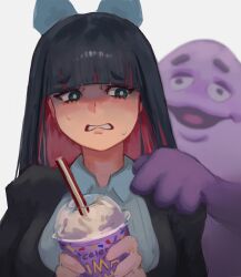 1girl absurdres black_hair blue_bow blue_eyes blunt_bangs bow colored_inner_hair cup disposable_cup drinking_straw grimace_(mcdonald&#039;s) grimace_shake_(meme) hair_bow hand_on_another&#039;s_shoulder hexlaze highres holding holding_cup long_hair mcdonald&#039;s meme multicolored_hair nervous_sweating panty_&amp;_stocking_with_garterbelt pink_hair simple_background solo stocking_(psg) sweat two-tone_hair whipped_cream white_background