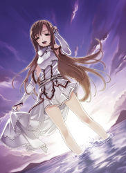 Rule 34 | 10s, 1girl, :d, armor, asuna (sao), bad id, bad pixiv id, bare shoulders, blue sky, brown eyes, brown hair, cloud, detached sleeves, dutch angle, hand in own hair, long hair, long legs, matsuryuu, open mouth, pleated skirt, skirt, skirt hold, sky, smile, solo, sunrise, sword art online, very long hair, wading, water