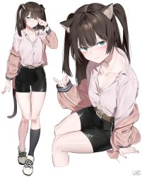 Rule 34 | 1girl, absurdres, animal ears, artist name, belt, blue eyes, blush, brown hair, cat ears, collarbone, garin, highres, jacket, looking at viewer, nail polish, open clothes, open shirt, original, shoes, shorts, simple background, single sock, skirt, socks, solo, unbuttoned, unbuttoned shirt, white background