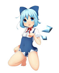 Rule 34 | 1girl, bad id, bad pixiv id, bare legs, barefoot, blue dress, blue eyes, blue hair, blue skirt, bow, child, cirno, dress, hair bow, kinakomoti, kneeling, matching hair/eyes, paw pose, shirt, skirt, solo, tongue, tongue out, touhou, wings