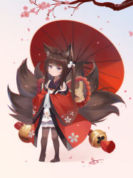 Rule 34 | 1girl, 24kchunshuai, amagi-chan (azur lane), amagi (azur lane), animal ear fluff, animal ears, azur lane, bare shoulders, bell, blunt bangs, branch, brown hair, cherry blossoms, child, closed mouth, expressionless, feet, flat chest, floral print, fox ears, fox girl, fox tail, full body, hair ornament, highres, japanese clothes, jingle bell, kimono, kitsune, looking at viewer, no shoes, off shoulder, oil-paper umbrella, own hands together, pantyhose, purple eyes, side ponytail, sidelocks, simple background, solo, standing, tail, thick eyebrows, umbrella, wide sleeves
