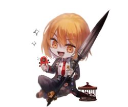 Rule 34 | 1girl, 1other, belt, black belt, black coat, black pants, blonde hair, carousel, coat, collared shirt, dante (limbus company), don quixote (project moon), highres, holding, holding weapon, huanxue, lance, limbus company, mini person, necktie, open mouth, pants, polearm, project moon, red necktie, shirt, short hair, simple background, smile, weapon, white background, white shirt, yellow eyes