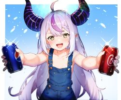 Rule 34 | 1girl, ahoge, bare shoulders, blue background, blush, border, braid, can, coca-cola, collarbone, demon horns, dongchuan, drink can, eyelashes, fangs, flat chest, foreshortening, gradient background, hair between eyes, highres, holding, hololive, horns, la+ darknesss, light purple hair, long hair, multicolored hair, nail polish, no bra, open mouth, overalls, pepsi, petite, pink nails, purple hair, sidelocks, soda can, solo, streaked hair, sweatdrop, teeth, upper body, upper teeth only, very long hair, virtual youtuber, white border, yellow eyes