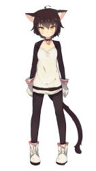 Rule 34 | androgynous, animal ears, bell, neck bell, boots, brown hair, cat ears, cat tail, collar, commentary, fang, fang out, full body, gender request, gloves, highres, jingle bell, legs apart, long sleeves, looking at viewer, original, personification, shone, short hair, simple background, sketch, solo, tail, white background, yellow eyes