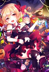 Rule 34 | 1girl, :d, alternate costume, black thighhighs, blonde hair, bow, candy, fang, flandre scarlet, food, hair bow, hair ribbon, highres, jack-o&#039;-lantern, laevatein, lollipop, looking at viewer, lying, navel, open mouth, paragasu (parags112), red eyes, ribbon, side ponytail, smile, solo, thighhighs, torn clothes, touhou, wings, zettai ryouiki
