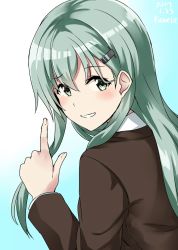 Rule 34 | 10s, 1girl, 2017, blazer, blue background, blush, brown jacket, from behind, gradient background, green eyes, green hair, hair between eyes, hair ornament, hairclip, hand up, highres, index finger raised, jacket, kamelie, kantai collection, long hair, long sleeves, looking at viewer, looking back, pointing, shirt, sidelocks, signature, smile, solo, suzuya (kancolle), uniform, upper body, white background, white shirt