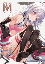 1girl, absurdres, armpits, ass, bandeau, bare shoulders, black choker, black legwear, breasts, cameltoe, choker, cleft of venus, criss-cross halter, dolphin shorts, elbow gloves, feet, garter straps, gloves, halterneck, highres, indie virtual youtuber, jacket, latex, long hair, looking at viewer, medium breasts, micro shorts, midriff, mizuz, no shoes, off shoulder, open clothes, open jacket, parted lips, pink eyes, pink shorts, short shorts, shorts, silver hair, skindentation, solo, thigh strap, thighhighs, thighs, totomachokori, very long hair, virtual youtuber, white jacket