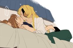 Rule 34 | 2girls, bed, black pants, blonde hair, blue curtains, blue shirt, blush, brown hair, closed eyes, cookie run, croissant cookie, dayama, eyepatch, girl on top, green pants, hand on another&#039;s head, heart, humanization, kiss, long hair, multiple girls, on bed, pants, selfcest, shirt, sleeveless, speech bubble, sweat, sweatdrop, timekeeper cookie, white background, white shirt, yuri
