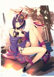 Rule 34 | 1girl, absurdres, bare shoulders, breasts, circlet, collarbone, eyeliner, fate/grand order, fate (series), highres, holding, horns, kikuchi seiji, looking at viewer, makeup, navel, off shoulder, purple eyes, purple hair, scan, short hair, shuten douji (fate), sitting, skin-covered horns, small breasts, smile, solo