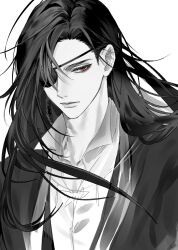 Rule 34 | 1boy, braid, chinese clothes, closed mouth, collared shirt, eyepatch, hanfu, highres, hua cheng, jewelry, kibatteko ze, long hair, looking at viewer, male focus, necklace, partially colored, portrait, red eyes, shirt, simple background, solo, spot color, tianguan cifu, white background, wind, wind lift