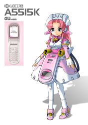 Rule 34 | cellphone, dress, full body, katahira masashi, mecha musume, phone, pink hair, product girl, smile, solo, standing