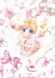 Rule 34 | 10s, 1girl, blonde hair, blue eyes, blush, bow, brooch, candy (smile precure!), double bun, from above, hair bun, head wings, jewelry, karak nishiki, personification, pink bow, precure, ribbon, royal candy, short hair, sitting, skirt, smile precure!, solo, sparkle, tiara, v arms, wariza, wings