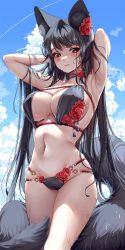 Rule 34 | 1girl, absurdres, animal ear fluff, animal ears, armpits, arms behind head, arms up, bare arms, bare shoulders, bikini, black bikini, black choker, black hair, breasts, cameltoe, choker, cleavage, flower, fox ears, fox girl, fox tail, groin, hair flower, hair ornament, highres, large breasts, long hair, looking at viewer, multi-strapped bikini, multiple tails, navel, original, red eyes, red flower, rose, skindentation, solo, standing, stomach, swimsuit, tacco (tikeworld), tail, thigh gap, thighs, very long hair, wet