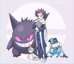 Rule 34 | 1boy, blue jacket, boku no hero academia, chromatic aberration, commentary request, creatures (company), crossover, espurr, frogadier, game freak, gen 1 pokemon, gen 3 pokemon, gen 6 pokemon, gengar, grey eyes, holding, holding pokemon, jacket, long sleeves, male focus, nintendo, ohhhhhhtsu, pants, parted lips, pokemon, pokemon (creature), purple hair, ralts, scarf, shinsou hitoshi, shoes, spiked hair, standing, teeth, white footwear, white scarf