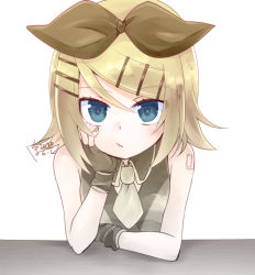 Rule 34 | 1girl, arm support, black bow, black gloves, black shirt, black star (module), blonde hair, blue eyes, blush, bow, cheek rest, closed mouth, commentary, expressionless, fingerless gloves, gloves, hair bow, hair ornament, hairclip, hand on own cheek, hand on own face, ichiha (18o o81), kagamine rin, light blush, looking at viewer, necktie, project diva (series), shirt, short necktie, signature, sleeveless, sleeveless shirt, solo, table, vocaloid, white background