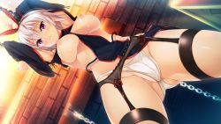 Rule 34 | 1girl, armpits, arms up, blush, bow, breasts, breasts out, cameltoe, chain, chained, clothing cutout, cowboy shot, cuffs, female focus, from below, game cg, garter belt, gluteal fold, groin, hair bow, highres, hip focus, indoors, japanese clothes, large breasts, legs, looking at viewer, nightmare x onmyoji ~kindan no paradox~, nipples, original, panties, parted lips, pink eyes, red bow, restrained, short hair, shoulder cutout, solo, standing, teeta j, thighs, underwear, wall, white hair, wide sleeves