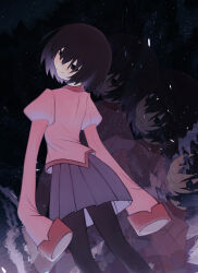 Rule 34 | 1girl, absurdres, arms at sides, black background, black eyes, black hair, black pantyhose, blush, bob cut, closed mouth, colored inner hair, empty eyes, feet out of frame, from behind, hair between eyes, head tilt, highres, long bangs, long hair, long sleeves, looking at viewer, looking back, monogatari (series), multicolored hair, naoetsu high school uniform, nose, nose blush, oshino ougi, pale skin, pantyhose, pink shirt, pink skirt, pleated skirt, puffy sleeves, purple hair, purple skirt, school uniform, shards, shirt, short hair, skirt, sleeves past fingers, sleeves past wrists, smile, solo, standing, usateii, very long hair, zoom layer