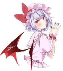 Rule 34 | 1girl, bat wings, black nails, blush, bow, closed mouth, dress, hands up, hat, hat bow, highres, looking at viewer, mob cap, nail polish, own hands together, pink dress, pink hat, pink sleeves, puffy short sleeves, puffy sleeves, purple hair, red bow, red eyes, remilia scarlet, short hair, short sleeves, signature, simple background, solo, souta (karasu no ouchi), touhou, white background, wings, wrist cuffs