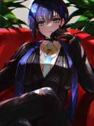 Rule 34 | blouse, blue eyes, collared shirt, formal, gloves, hair between eyes, highres, hololive, hololive english, mamaloni, ouro kronii, pant suit, pants, shirt, sitting, suit, virtual youtuber, white shirt