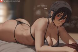 Rule 34 | 1girl, ass, bikini, black bikini, black hair, blue eyes, blurry, blurry background, blush, breasts, butt crack, cleavage, closed mouth, collarbone, commentary, english text, hair between eyes, highres, large breasts, looking at viewer, lying, mikasa ackerman, on stomach, oroborus, patreon username, shingeki no kyojin, short hair, solo, swimsuit