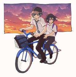 2boys bicycle black_hair blue_hair buttons cloud cloudy_sky collared_shirt danganronpa_(series) danganronpa_v3:_killing_harmony esu_(tasoesu) evening gradient_sky hair_between_eyes hands_on_another&#039;s_hips highres male_focus multiple_boys necktie oma_kokichi pants purple_eyes purple_hair riding riding_bicycle saihara_shuichi school_uniform shirt short_hair simple_background sky striped_necktie white_shirt yellow_eyes