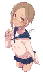 Rule 34 | 1girl, :d, blue sailor collar, blue skirt, blush, brown eyes, brown hair, brown sweater, dark-skinned female, dark skin, dated, fang, forehead, hair ornament, hairclip, long sleeves, looking at viewer, maze (gochama ze gohan), open mouth, original, parted bangs, pleated skirt, sailor collar, school uniform, serafuku, signature, simple background, sketch, skirt, sleeves past wrists, smile, solo, sweater, white background