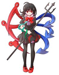 Rule 34 | 1girl, ahoge, alphes (style), animal, arm behind back, asymmetrical wings, black dress, black hair, black thighhighs, blue wings, bow, bowtie, buttons, closed mouth, dairi, dress, eyebrows, frills, full body, hair between eyes, holding, holding weapon, houjuu nue, legs apart, long hair, looking at viewer, parody, polearm, red bow, red bowtie, red eyes, red footwear, red wings, short sleeves, smile, snake, solo, standing, style parody, thighhighs, touhou, transparent background, trident, weapon, wings, zettai ryouiki