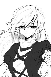 Rule 34 | 1girl, casimia, closed mouth, cross-laced clothes, greyscale, hair between eyes, highres, hijiri byakuren, long hair, long sleeves, looking at viewer, monochrome, simple background, smile, solo, touhou, turtleneck, upper body