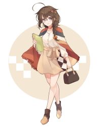 Rule 34 | 1girl, ahoge, alternate costume, bag, beige shirt, black hair, blouse, blue eyes, book, boots, braid, commentary request, full body, hair over shoulder, highres, kantai collection, long sleeves, looking at viewer, red-framed eyewear, shakemi (sake mgmgmg), shawl, shigure (kancolle), shigure kai ni (kancolle), shirt, smile, solo, white shirt