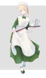 Rule 34 | 1girl, alternate costume, apron, blonde hair, blue eyes, blush, closed mouth, colis, cup, dress, enmaided, full body, green dress, green footwear, holding, holding tray, kantai collection, long hair, long sleeves, maid, maid headdress, official alternate costume, shin&#039;you (kancolle), shoes, side ponytail, solo, tray, twitter username, white apron