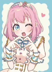 Rule 34 | 1girl, ;d, amauri miruki, blue eyes, blue ribbon, blush, chikuwa (tikuwa primagi), commentary request, hairband, hands up, heart, heart hands, highres, looking at viewer, neck ribbon, one eye closed, open mouth, pink hair, pretty series, puffy short sleeves, puffy sleeves, ribbon, short hair, short sleeves, smile, solo, upper body, waccha primagi!, wrist cuffs