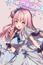 Rule 34 | 1girl, blue archive, dress, highres, kagu (a hazy moon), long hair, looking at viewer, mika (blue archive), open mouth, pink hair, smile, solo, white dress, wings, yellow eyes