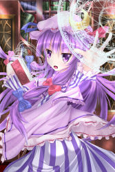 Rule 34 | 1girl, book, bookshelf, bow, dress, female focus, greek text, hair bow, hat, hat ribbon, highres, long hair, looking at viewer, magic circle, mob cap, namatyaba, open book, open hand, open mouth, outstretched arm, patchouli knowledge, pentagram, purple eyes, purple hair, ribbon, robe, runes, sidelocks, solo, touhou