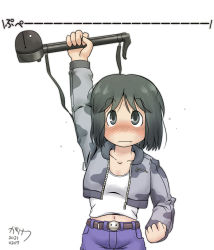 Rule 34 | 1girl, :|, belt, black hair, blue pants, blush, camouflage, camouflage jacket, casual, closed mouth, commentary request, dated, denim, denim shorts, gaketsu, highres, holding, holding instrument, holding toy, instrument, jacket, long sleeves, looking at viewer, medium hair, midriff, midriff peek, navel, nichijou, otamatone, pants, shinonome nano, shirt, short shorts, shorts, signature, simple background, solo, solo focus, standing, sweat, toy, translation request, white background, white shirt, winding key