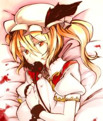 Rule 34 | 1girl, alternate costume, bad id, bad pixiv id, bed, blonde hair, blood, calligraphy brush (medium), colored eyelashes, colorized, cuffs, eyelashes, female focus, flandre scarlet, laevatein, looking at viewer, millipen (medium), mixed media, mouth hold, naka akira, hugging object, pillow, pillow hug, red eyes, side ponytail, solo, touhou, traditional media, tsukinami kousuke, upper body