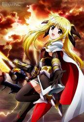 Rule 34 | 1girl, absurdres, armor, bardiche (blitz saber form) (nanoha), bardiche (nanoha), black gloves, black thighhighs, blonde hair, boots, cape, cloud, cloudy sky, elbow gloves, energy sword, eyes visible through hair, fate testarossa, fate testarossa (blaze iii), gloves, hair ribbon, high heel boots, high heels, highres, holding, holding sword, holding weapon, lightning, long hair, lyrical nanoha, mahou shoujo lyrical nanoha, mahou shoujo lyrical nanoha detonation, morimoto yufuki, open mouth, outstretched arm, red eyes, ribbon, skirt, sky, smile, solo, sword, tagme, thighhighs, twintails, weapon