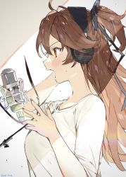 Rule 34 | 1girl, absurdres, artist name, black ribbon, blush, breasts, brown eyes, brown hair, eyebrows, fang, fingernails, from side, hair ornament, hair ribbon, hands up, headphones, highres, idenshi hina, long hair, medium breasts, microphone, music, nail polish, open mouth, profile, re:act, red nails, ribbon, shirt, shishigami leona, signature, simple background, singing, skin fang, sleeves pushed up, solo, sweat, upper body, virtual youtuber, white shirt