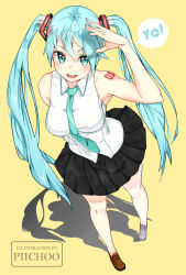 Rule 34 | 1girl, aqua eyes, aqua hair, aqua necktie, artist request, bare shoulders, blush, breasts, contrapposto, hatsune miku, highres, long hair, looking at viewer, medium breasts, necktie, shadow, shirt, sleeveless, sleeveless shirt, solo, standing, tattoo, twintails, vocaloid, yellow background